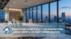 Cash-out refinancing 2026 showing home equity use for renovation, investment, and debt consolidation